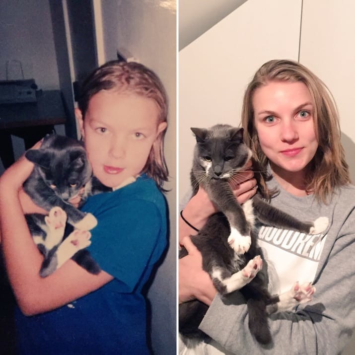 Разница между фото - 15 лет до и после, животные, коты, кошки, мило, питомцы, сравнение, фото