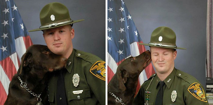 Полицейский пес даже на официальной фотосессии не мог не выразить любовь к хозяину