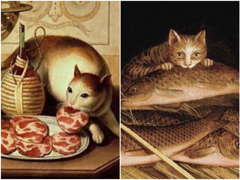 Винтажные картины с котами, ворующими еду